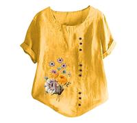 Today's Deals of The Day Clearance Womens Linen Tops New Elegant Literary and Artistic Retro Printing Casual Cotton T Shirt Top Women January Sales Deals Yellow