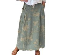 Today's Deals of The Day Elastic Waist Skirts for Women UK Women's Floral Art Linen Elastic Waistband Pocket Skirt Boho Print Elasticated Waist Party Skirts Women UK Trendyol Green