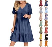 Today's Deals of The Day Summer Dresses for Women UK Fashion V-Neck Pleated Swing Sundress Casual Loose Fit Maxi Dress Boho Shorts Sleeve Beach Coverup White Dress Next Day delivery