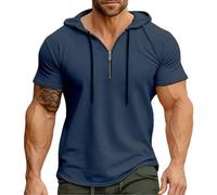 Today's Deals Summer Clothes for Men Men's Summer Hooded Sports American Zipper Solid Color Shirt Smart Casual T Shirts for Men UK Fashion Clothes Plus Size Tops Navy