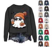 Todays offers Special Deals Prime Deals Halloween Sweatshirt For Women Cute Ghost Pumpkin Print Long Sleeve Pullover Tops Round Neck Long Sleeve Blouse Shirts Daily Deals of The Day A Black