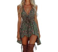 Todays Offers Special Deals Prime Deals Summer Dresses for Women Womens Sexy Deep V Sleeveless Waist Tie Floral Vintage Short Swing Western Cowboy Style Dresses Beachwear for Womens Green