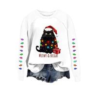 Todays offers Special Deals Prime Deals Winter Essentials for Women Ladies' Autumn And Winter Warm Christmas Cat Print Loose Round Neck Pullover Shoulder Lightning Deals of The Day Today Sale White
