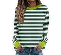 Todays offers Special Deals Prime Deals Women's Oversized Striped Sweatshirt Crew Neck Long Sleeve Pullover Tops Lightweight Stretchy Bottom Sweatshirt Blouse Cheap Winter Clothes Green