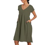 Todays Offers Special Deals Summer Dress for Women UK New Women's Round Neck Dress Casual and Comfortable Cotton Short Sleeves Beach with Pockets Party for Womens UK Green