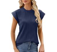 Todays Offers Special Deals Womens Tops Small Water Pattern Round Neck Cap Shoulder Sleeve Casual Loose Tops Solid Color Summer Tunic Blouse Shirts Fashion Ladies Tees Fit Work Outfit Navy