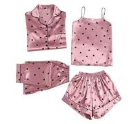 Today's Special Prime Deals: Women's 4-Piece Satin Pyjama Set - Skin-Friendly Short Sleeve Strappy Cami & Shorts