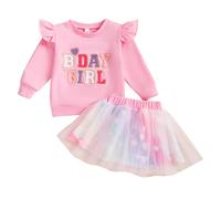 Todder Kids Girls Birthday Clothes Outfits Long Sleeve Letter Embroidery Sweatshirt Pullover and A-Line Tutu Dress Layered Puffy Tulle Skirt Wedding Pageant Party Dress (Light Pink, 18-24 Months)