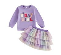 Todder Kids Girls Birthday Clothes Outfits Long Sleeve Letter Embroidery Sweatshirt Pullover and A-Line Tutu Dress Layered Puffy Tulle Skirt Wedding Pageant Party Dress (Lilac Purple, 2-3 Years)