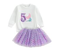 Todder Kids Girls Birthday Outfits Long Sleeve Number Embroidery Fish Tail Sweatshirt Pullover and A-Line Tutu Dress Layered Puffy Tulle Skirt Pageant Birthday Party Dress (White Five, 5-6 Years)