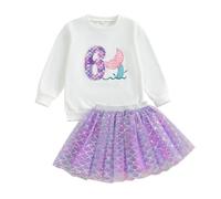 Todder Kids Girls Birthday Outfits Long Sleeve Number Embroidery Fish Tail Sweatshirt Pullover and A-Line Tutu Dress Layered Puffy Tulle Skirt Pageant Birthday Party Dress (White Six, 6-7 Years)