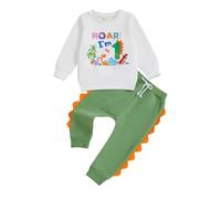 Toddler Baby Boy 1st/2nd/3rd/4th Birthday Outfit Long Sleeve Letter Dinosaur Print Sweatshirt Pullover Top and Elastic Waist Pants 2Pcs First Birthday Clothes for Little Boys (Green One, 12-18 Months)