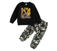 Toddler Baby Boy 1st/2nd/3rd/4th Birthday Outfits Long Sleeve Letters Excavator Print Sweatshirt Pullover with Camouflage Sweatpants 2Pcs Birthday Clothes for Little Boys (Black 4, 4-5 Years)