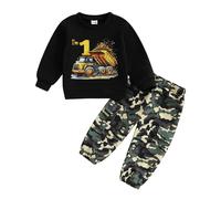 Toddler Baby Boy 1st/2nd/3rd/4th Birthday Outfits Long Sleeve Letters Excavator Print Sweatshirt Pullover with Camouflage Sweatpants 2Pcs Birthday Clothes for Little Boys (Black 1, 12-18 Months)