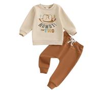 Toddler Baby Boy 2nd Birthday Outfit Long Sleeve Letter Train Print Sweatshirt Pullover Shirt Top and Elastic Waist Pants 2Pcs Tracksuit Second Birthday Clothes for Little Boys (Brown, 2-3T)