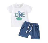Toddler Baby Boy Birthday Outfit One/Two Letter Embroidery T-shirt Jogger Shorts Waffle Summer Clothes Baby Boy my 1st Birthday Outfit (Navy, 12-18 Months)