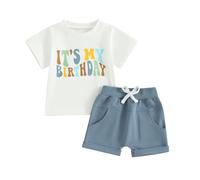 Toddler Baby Boy Birthday Outfit One/Two Letter Embroidery T-shirt Jogger Shorts Waffle Summer Clothes Baby Boy my 1st Birthday Outfit (Blue White, 18-24 Months)