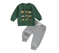 Toddler Baby Boy Fall Clothes Set God Says I Am Long Sleeve Sweatshirt Pullover Tops Joggers Pant Trouser Set 2pcs Tracksuits Winter Outfits (Green Tool Cars Print, 3-4 Years)