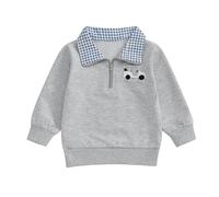 Toddler Baby Boy Fall Outfit Golf Embroidery Quarter Zip Sweatshirt Plaid Lapel Long Sleeve Collared Shirt (Dark Grey, 6-7 Years)