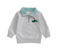 Toddler Baby Boy Fall Outfit Golf Embroidery Quarter Zip Sweatshirt Plaid Lapel Long Sleeve Collared Shirt (Gray, 12-18 Months)