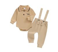Toddler Baby Boy Fall Winter Clothes Jogger Set Dinosaur Embroidery Long Sleeve Romper Polo Shirt Bodysuit Pants Set Newborn Infant Clothes (Beige, 6-9 Months)