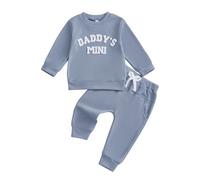 Toddler Baby Boy Fall Winter Outfits Long Sleeve Daddy 's Letter Embroidery Sweatshirt Pullover Shirt Top with Elastic Long Pants Sets 2Pcs Waffle Clothes for Little Boys (Blue, 6-12 Months)