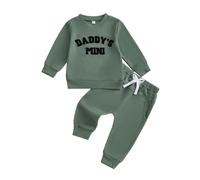 Toddler Baby Boy Fall Winter Outfits Long Sleeve Daddy 's Letter Embroidery Sweatshirt Pullover Shirt Top with Elastic Long Pants Sets 2Pcs Waffle Clothes for Little Boys (Green, 12-18 Months)