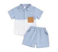 Toddler Baby Boy Gentlemen Summer Outfits Short Sleeve Lapel Neck Striped T-Shirt Sweatshirt Top with Elastic Waist Checkered Shorts Sets 2Pcs Clothes for Little Boys (White Blue, 3-4 Years)
