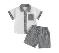 Toddler Baby Boy Gentlemen Summer Outfits Short Sleeve Lapel Neck Striped T-Shirt Sweatshirt Top with Elastic Waist Checkered Shorts Sets 2Pcs Clothes for Little Boys (Black White, 12-18 Months)
