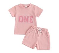 Toddler Baby Boy Girl 1st/2nd Birthday Waffle Outfits Short Sleeve Letter Embroidery T-Shirt Top Shirts with Elastic Solid Shorts Sets 2Pcs Summer Clothes for Little Girls (Pink One, 6-12 Months)