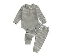 Toddler Baby Boy Girl Fall Winter Outfit Long Sleeve Stripe Romper Bodysuit Shirt Top and Elastic Waist Long Pants 2 Piece Tracksuit Set Waffle Clothes for Little Kids (Army Green, 3-6 Months)
