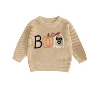 Toddler Baby Boy Girl Halloween Jumper Pumpkin Ghost Embroidery Knitted Sweater Casual Long Sleeve Crew Neck Knitwear Fall Winter Pullovers Tops (Khaki Boo, 2-3 Years)