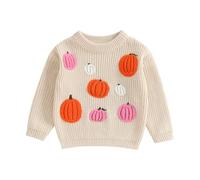Toddler Baby Boy Girl Halloween Jumper Pumpkin Ghost Knit Sweater Oversized Long Sleeve Crew Neck Knitwear Infant Kids Winter Warm Pullover Top (Khaki Pumpkins, 12-18 Months)
