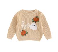 Toddler Baby Boy Girl Halloween Outfits Long Sleeve Crochet Knit Sweater Pumpkin Ghost Chunky Cable Knitted Jumper Tops (Beige Yellow, 2-3 Years)