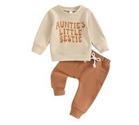 Toddler Baby Boy Girl Outfits Aunties Little Bestie Funny Letters Sweatshirt Pullover Long Sleeve Tops Jogger Trousers Two Piece Baby Clothes Set (Khaki, 2-3 Years)