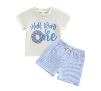 Toddler Baby Boy Half/First Birthday Outfit Letters Donut Print Short Sleeves T-Shirt Tops and Elastic Waist Striped Shorts 2Pcs Tracksuit Kids Boys 1st Birthday Clothes (Blue, 6-12 Months)