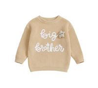 Toddler Baby Boy Knitted Jumper Big Brother Matching Outfits Star Decor Letter Embroidery Oversized Sweater (8-B Khaki, 2-3 Years)