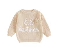 Toddler Baby Boy Little Brother Matching Outfits Long Sleeve Star Decor Letter Embroidery Oversized Knitted Jumper (11-C Creamy White, 3-6 Months)