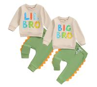 Toddler Baby Boy Matching Brother Dinosaur Outfit Long Sleeve Lil Bro/Big Bro Print Sweatshirt Pullover and Elastic Waist Pants 2Pcs Tracksuit Clothes for Little Boys (Green Lil Bro, 18-24 Months)