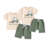 Toddler Baby Boy Matching Brother Summer Outfits Short Sleeve Letter Embroidery T-Shirt Top with Elastic Waist Plaid Shorts Sets 2Pcs Brother Clothes for Little Boys (Apricot Big, 4-5 Years)