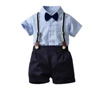 Toddler Baby Boy Outfits Gentleman Suits Short Sleeve Shirt Bowtie Suspender Shorts Formal Clothes Set for Wedding Birthday Photo Shoot (Blue, 2-3 Years)