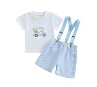 Toddler Baby Boy Summer Gentleman Outfits Short Sleeve O Neck Golf Cart Print T-Shirt Top Shirts with Plaid Print Suspender Shorts Sets 3Pcs Clothes for Little Boys (Blue, 18-24 Months)