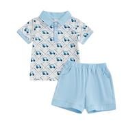 Toddler Baby Boy Summer Golf Gentleman Outfit Short Sleeve Golf Pattern T-shirt Button Turn Top Shirts and Elastic Waist Solid Shorts 2Pcs Set Formal Clothes for Little Boy (Blue, 2-3 Years)