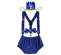 Toddler Baby Boys 1/2 Half Birthday Party Cake Smash Outfit Newborn Infant Christening Baptism Clothes Diaper Cover Shorts Pants Suspender Bow Tie Prince Crown 4 PCS Set Royal Blue 6 Months