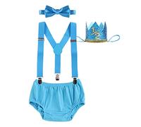 Toddler Baby Boys 1/2 Half Birthday Party Cake Smash Outfit Newborn Infant Christening Baptism Clothes Diaper Cover Shorts Pants Suspender Bow Tie Prince Crown 4 PCS Set Light Blue 6 Months