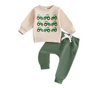 Toddler Baby Boys 2Pcs Pants Set Tractor Outfit Long Sleeve Sweatshirt with Solid Color Pants Fall Winter Clothes (Beige, 12-18 Months)
