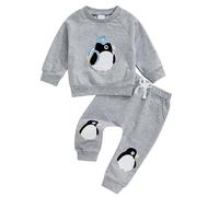 Toddler Baby Boys Cute Penguin Outfits 2PCS Set Long Sleeve Round Collar Pullover Sweatshirt Jumpers Elastic Waisted Long Pants Little Boys Penguin Tracksuits Clothing Set (Grey, 6-12 Months)