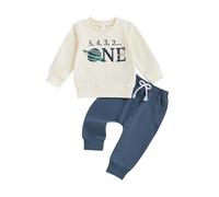 Toddler Baby Boys Fall Winter Outfits Long Sleeve 1st Birthday Letter Print Sweatshirt Pullover T shirt with Elastic Waist Sweatpants Sets 2Pcs Clothes for Little Boys (Beige Blue, 12-18 Months)