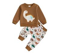 Toddler Baby Boys Fall Winter Outfits Long Sleeve Dinosaur Embroidery Sweatshirt Pullover T shirt with Elastic Waist Sweatpants Tracksuit Sets 2Pcs Clothes for Little Boys (Brown, 6-12 Months)
