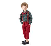 Toddler Baby Boys Gentleman Two- Suit Bow Tie Plaid Long Sleeve T-Shirt Soft Tops and Suspender Pants Suit Toddler Dress Pant Shirt Set (Green, 3-6 Months)